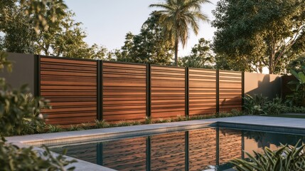 Fototapeta premium A modern fence lines a swimming pool in a tropical setting, with warm light reflecting off the water and surrounding greenery.