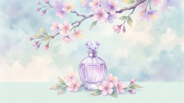 A delicate watercolor illustration of a purple perfume bottle surrounded by soft cherry blossoms, evoking a sense of spring freshness and elegance.