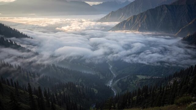 Dramatic himalayan landscape with moving fog in the mountain valley