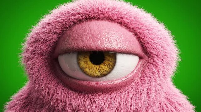 Pink Furry Cyclops Monster Looking On Green Screen. 4K Video