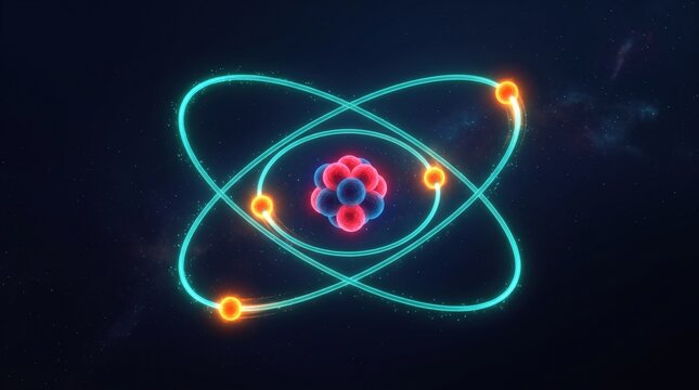 Atomic structure scientific illustration. Glowing nucleus with protons neutrons and orbiting electrons on glowing energy paths. Digital 3D rendering for physics and education projects