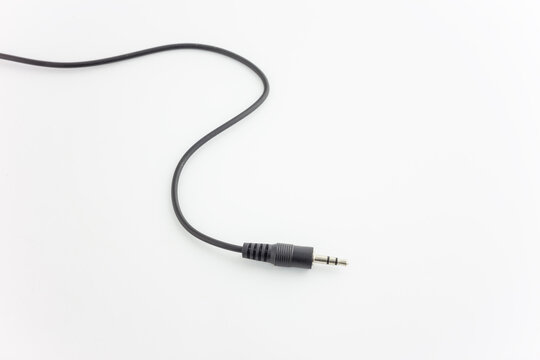 A black 3.5mm male audio connector cable, isolated on a plain white background, used for audio signal transmission.