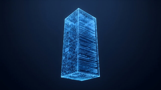 Futuristic server rack tower made from glowing blue particles for cloud computing and digital infrastructure