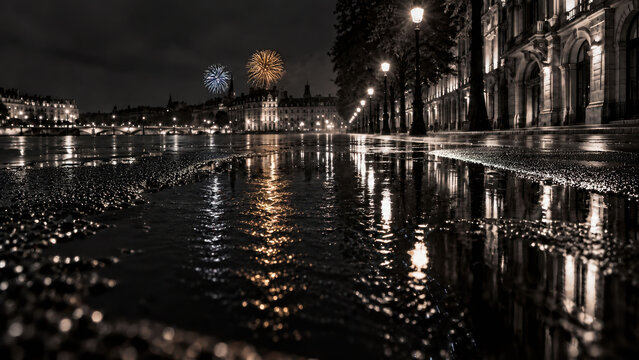 Distant Fireworks Reflected on a Rain Soaked City Street at Night in Selective Color