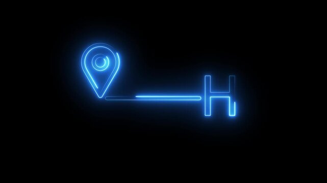 Neon location map icon on black background glowing blue light showing route to hospital