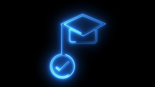 Graduation cap with check mark glowing blue neon light on black background motion