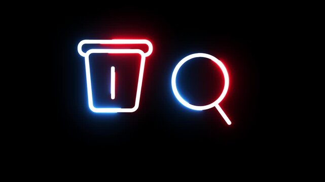 Neon delete and search icons blink on black background, dynamic UI interface elements, digital interface