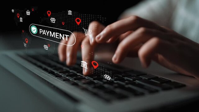 User Engaging in Secure Online Payment Process with Interactive Digital Elements and Financial Icons on a Laptop Keyboard in a Dark Environment Gluon.