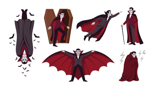 Spooky Halloween vampire character vector set featuring count dracula in coffin flying hanging upside down and spreading wings illustration