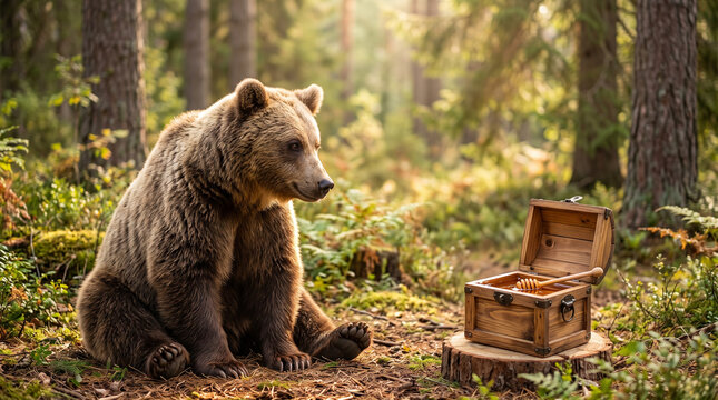 Bear sitting near honey chest
