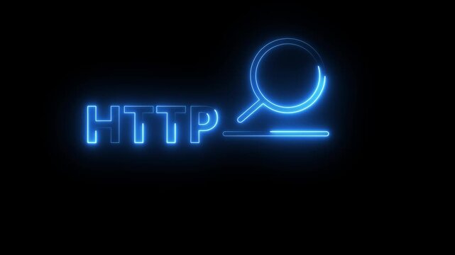 Neon blue http symbol appearing with glowing magnifying glass icon on dark background motion