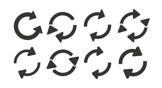 Set of Circular Refresh Arrows Icons Indicating Reload, Update, and Loop Motions.