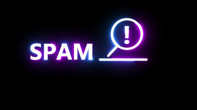 Neon spam sign with glowing exclamation mark icon searching animation against dark background