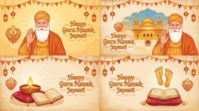 Happy Guru Nanak Jayanti Vector Banner Set - Guru Nanak Dev Ji Illustrations