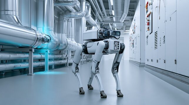Photorealistic four-legged industrial inspection robot walking along a pristine energy facility corridor, four mechanically coherent articulated legs with natural ground contact,