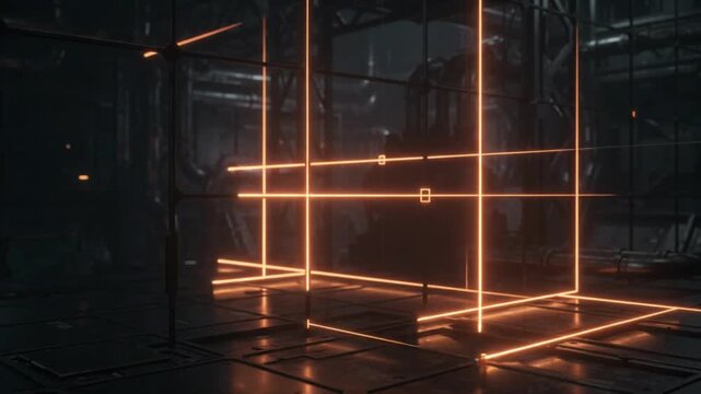 Industrial Sci-Fi Room with Glowing Orange Laser Grid Lines