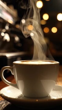 Gentle warm steam rising from a fresh cup of hot espresso coffee with golden crema