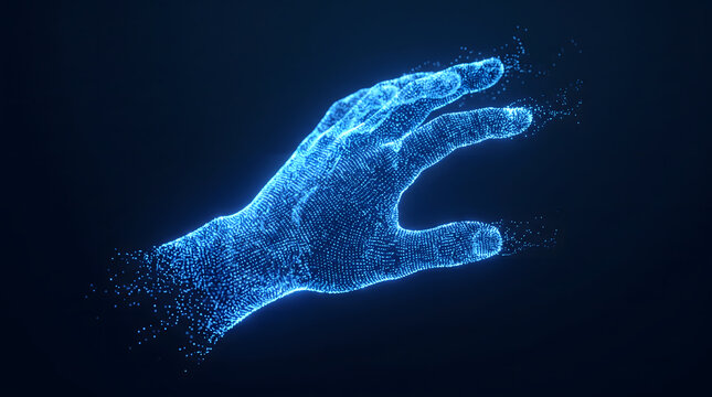 Futuristic human hand made of glowing particles reaching forward symbolizing interaction and digital innovation
