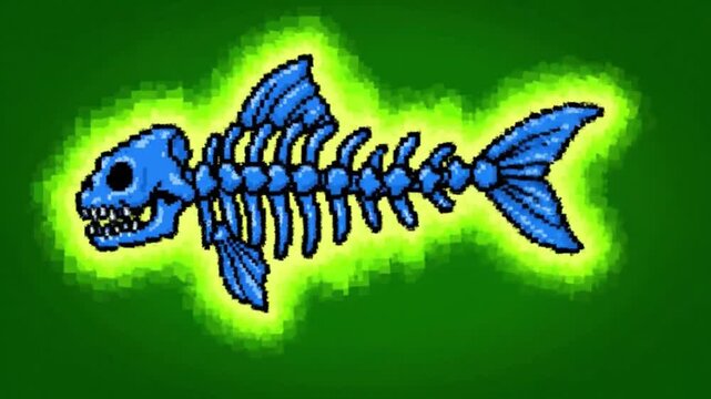 Pixel Art Fish Skeleton Swimming On Green Screen. 4K Video