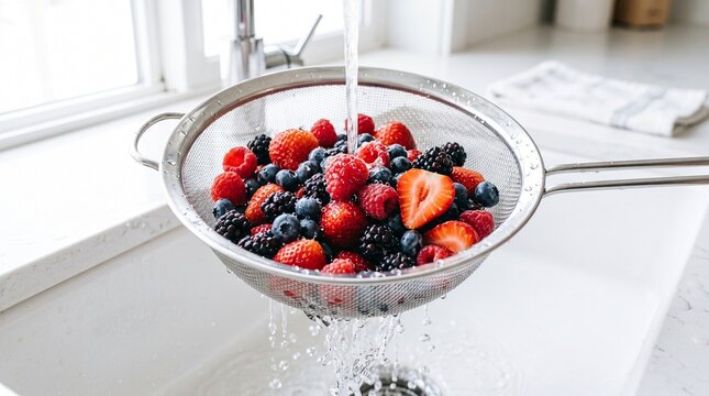 Fresh berries being rinsed in a minimalist metal colander, water droplets, bright and vibrant, high-key photography.