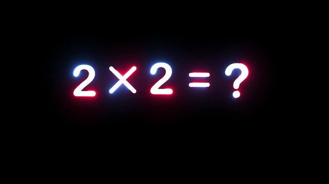 Neon math equation 2x2 equals question mark flashing glowing on black background loop video