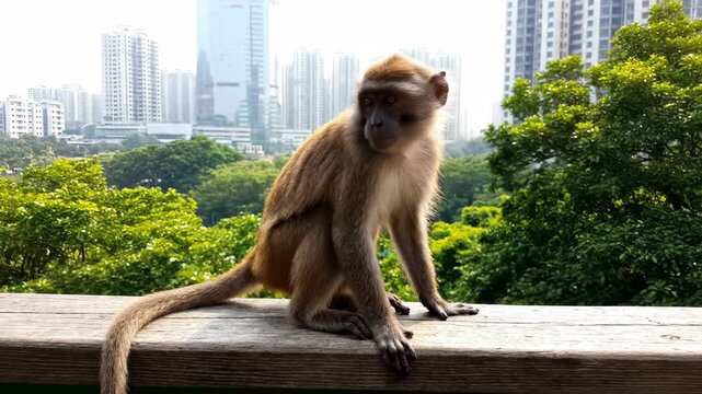 Monkeys sitting on wooden platforms in the city, monkeys in the city