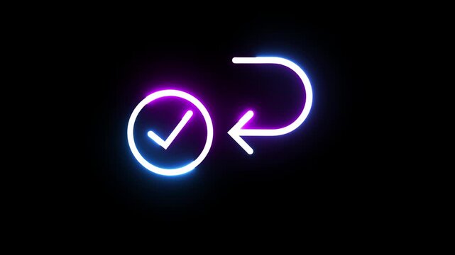 Repeating checkmark symbol with arrows loop motion on black background neon effect