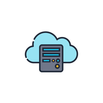 Cloud server data storage infrastructure is represented in a minimalist flat vector outline icon.