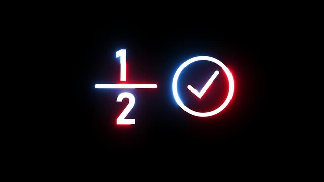 Fraction one half with check mark symbol glowing neon light animation on dark background loop