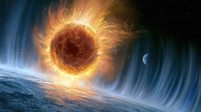 thermosphere. A painterly solar corona explosion with rippling aurora energy cascading toward a small blue planet. STEM education sheets.