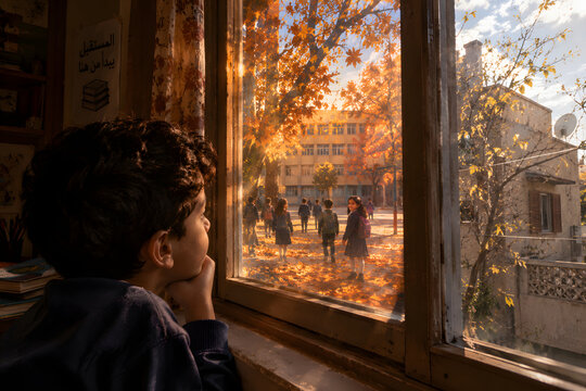 Window Reflecting Schoolyard Scene That Does Not Match Outside