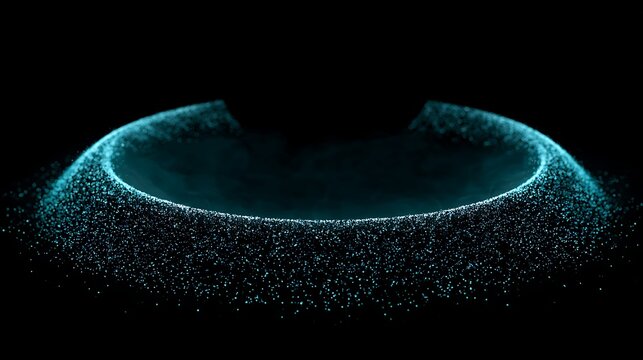 abstract digital particle ring, incomplete glowing turquoise circle with a wide open gap at the top, lower curve densely formed by micro particles,