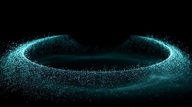 abstract digital particle ring, incomplete glowing turquoise circle with a wide open gap at the top, lower curve densely formed by micro particles,