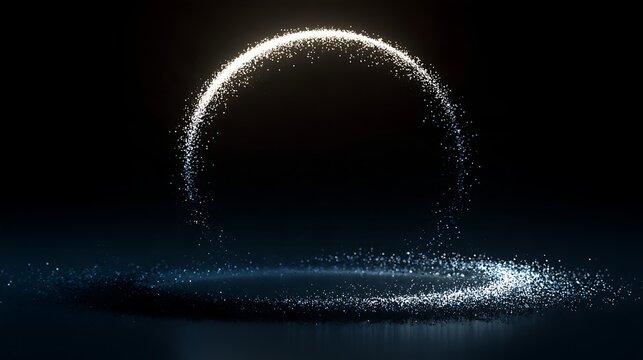 digital particle halo, upper arc bright and complete while the lower arc dissolves into sparse glowing dust, subtle motion, deep dark background, advanced data visualization concept
