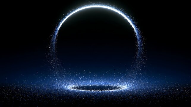 digital particle halo, upper arc bright and complete while the lower arc dissolves into sparse glowing dust, subtle motion, deep dark background, advanced data visualization concept