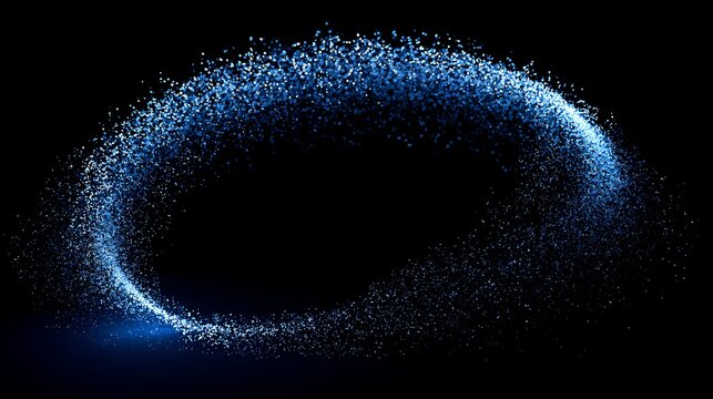 glowing electric blue particle ring, incomplete circular form with a broad gap at the bottom, upper arc highly detailed with thousands of luminous dots