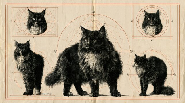 A cat in multiple poses with technical accuracy on an antique paper background featuring numbered markers.