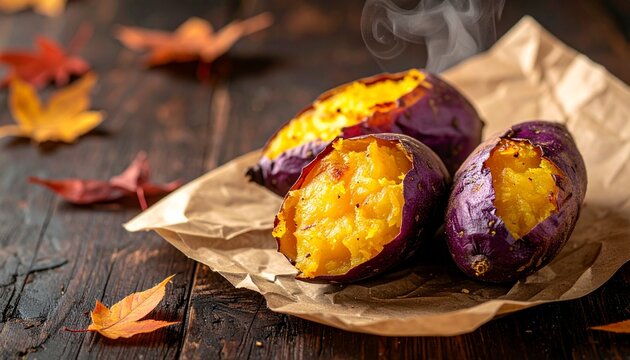Roasted Japanese sweet potatoes yakiimo split open on kraft paper