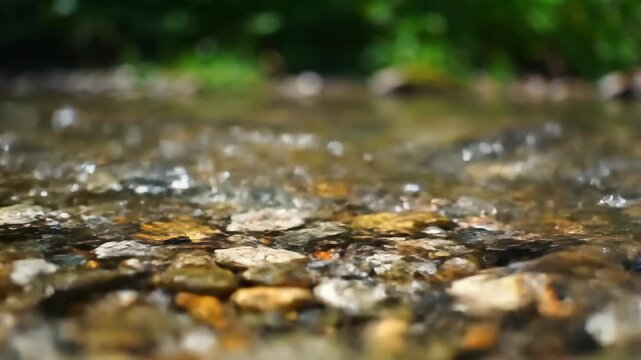 Colorful pebbles in a clear stream gurgling over goose eggs
