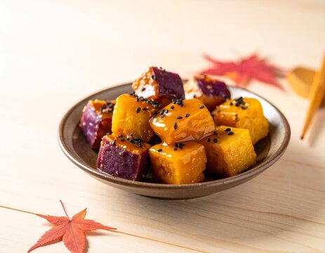 Daigaku imo candied sweet potatoes with black sesame on a plate