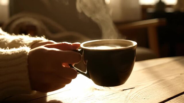 Steaming coffee cups on a wooden table, close-up of winter hand-warming coffee