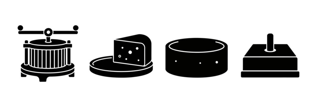 Black and White Icons Depicting Cheese Production Equipment and Finished Products