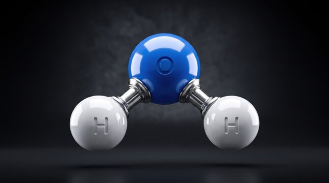 Water molecule chemical structure 3D render. Blue oxygen atom and two white hydrogen atoms connected by metallic bonds. Scientific education and research concept illustration backdrop
