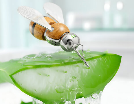Futuristic mechanical bee extracting fresh juice from an aloe vera leaf slice, metallic robotic insect concept art on modern spa bathroom background, eco technology and natural cosmetics concept
