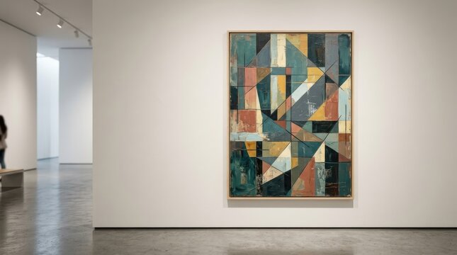 A museum displays a large, abstract painting on a white wall. A person stands in front of the artwork, observing it.