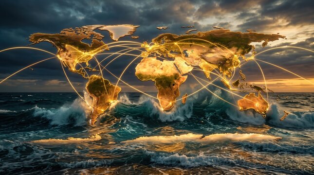 Global network connection map over ocean waves. Glowing city lights and digital data transfer lines. International communication and logistics infrastructure concept photo for corporate websites