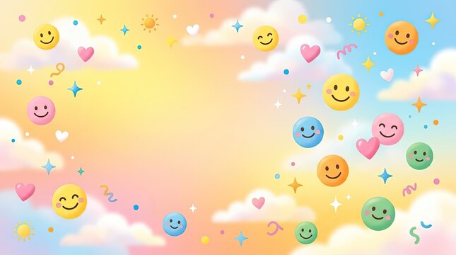 A cheerful, cartoon-style background features fluffy clouds, a bright yellow sun, and a pastel pink and blue sky. Numerous smiling emoji characters float amidst sparkling stars and hearts.