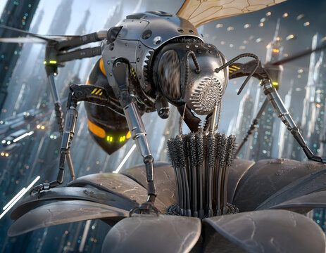 Futuristic robotic bee pollinating metallic flower, cybernetic mechanical insect with steel armor and glowing yellow lights, bionic wasp drone collecting artificial pollen in futuristic