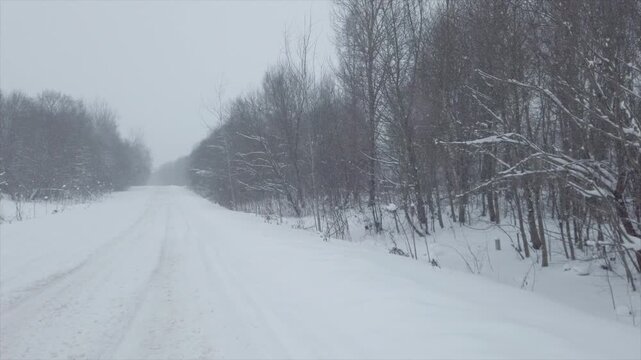 Heavy snowfall covering rural road in winter