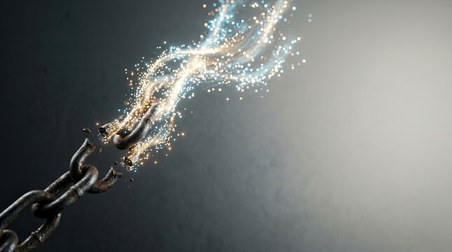A broken chain bursts into a stream of sparkling light. The chain is dark and metallic, with links separating and shattering.